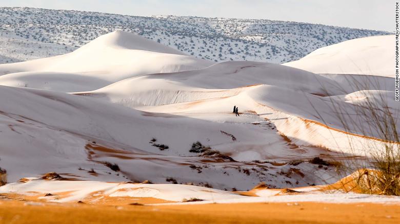Mandatory Credit: Photo by Geoff Robinson Photography/REX/Shutterstock (9309883g)
Snow in the Sahara Desert near the town of Ain Sefra, Algeria
Snow in the Sahara Desert - 07 Jan 2018
*Full story: https://www.rexfeatures.com/nanolink/tvw5
As much of the northern hemisphere sees record cold temperatures, the SAHARA Desert has been hit by SNOW for the second time in four decades. Photographers have taken incredible pictures of 40cm deep snow covering the sand in the small Saharan desert town of Ain Sefra after a freak winter storm yesterday (Sun). The town in the worlds HOTTEST desert had not seen snow for 37 years when it arrived this time last year and locals were stunned when it began falling on the red sand dunes yesterday morning. Snow started falling in the early hours of Sunday morning and it quickly began settling on the sand. Photographer Karim Bouchetata said: We were really surprised when we woke up to see snow again. It stayed all day on Sunday and began melting at around 5pm.