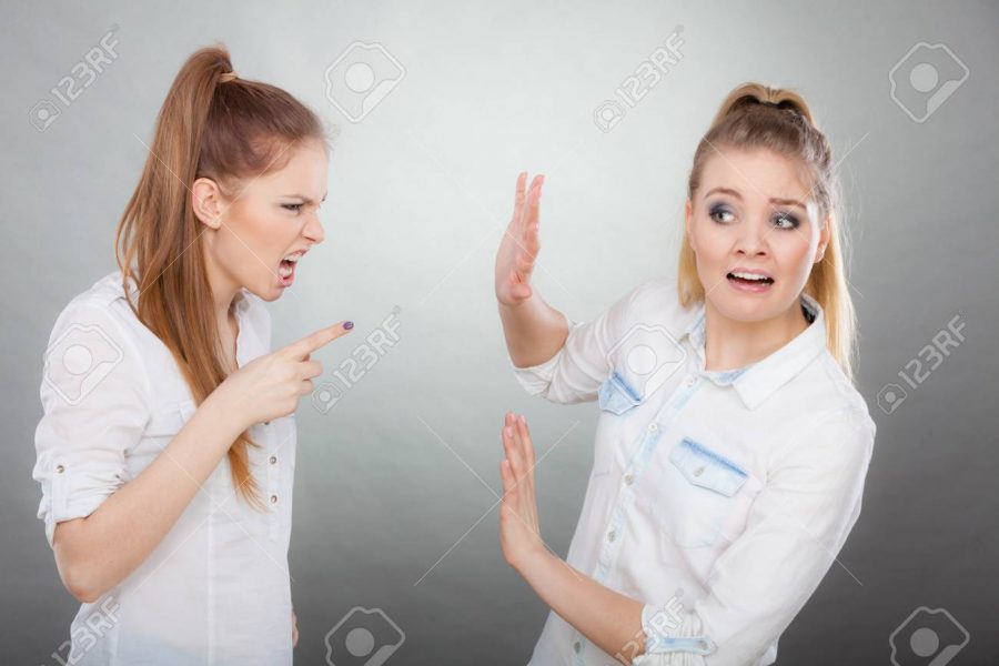 Conflict, bad relationships, friendship difficulties. Two young women having argument. Angry fury girl screaming at her friend or younger sister
